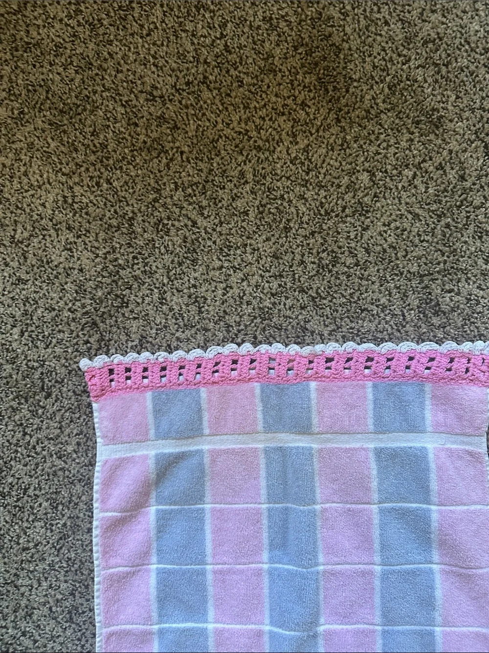 Pink and Gray Check Crochet-Trim Hand Towel